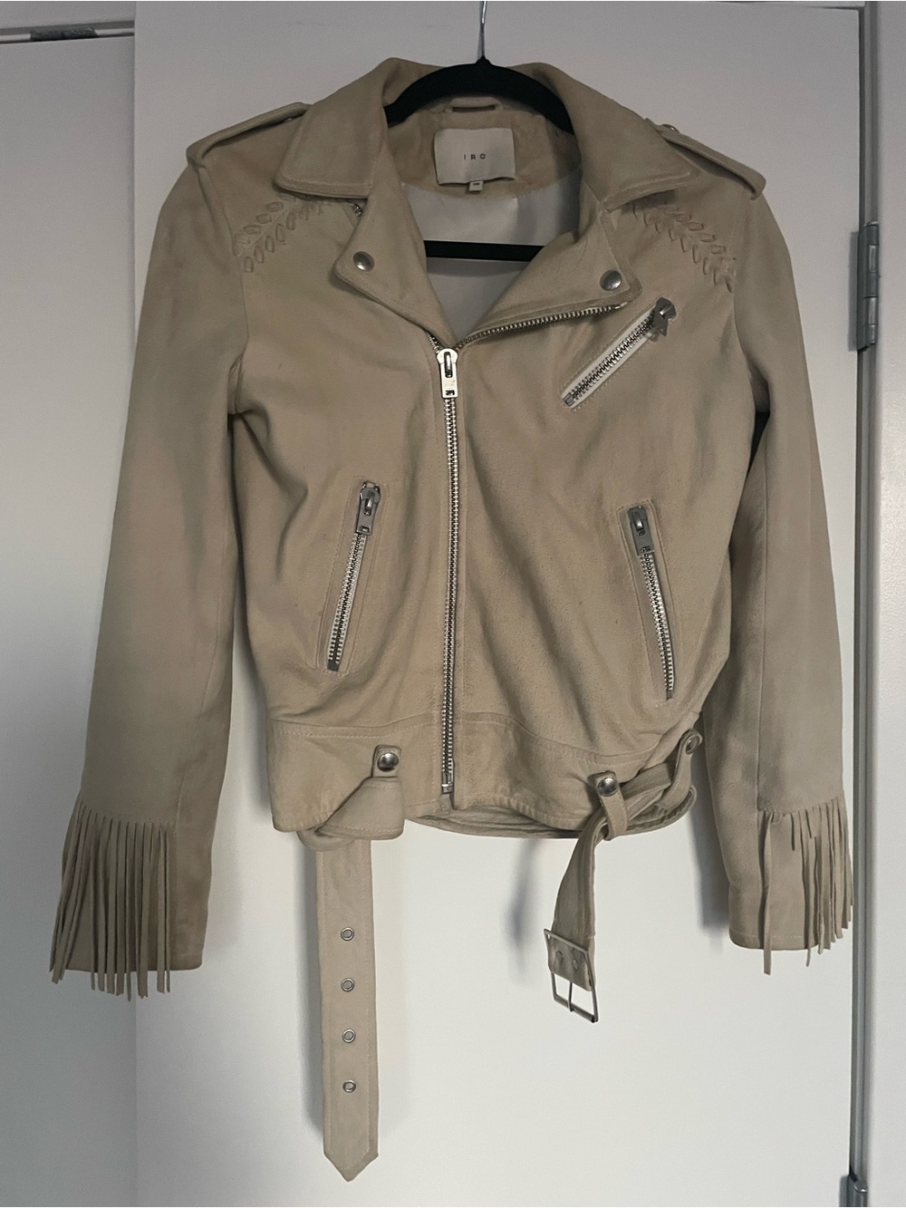 IRO Zerimspe Leather Suede Fringe Western Biker Jacket Zipper Pockets And Belt